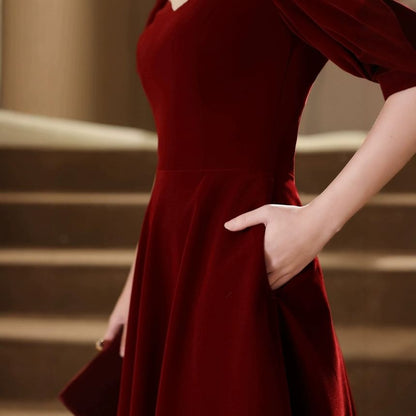Puff Sleeve Sweetheart Neck Plain Velvet A-Line Evening Gown