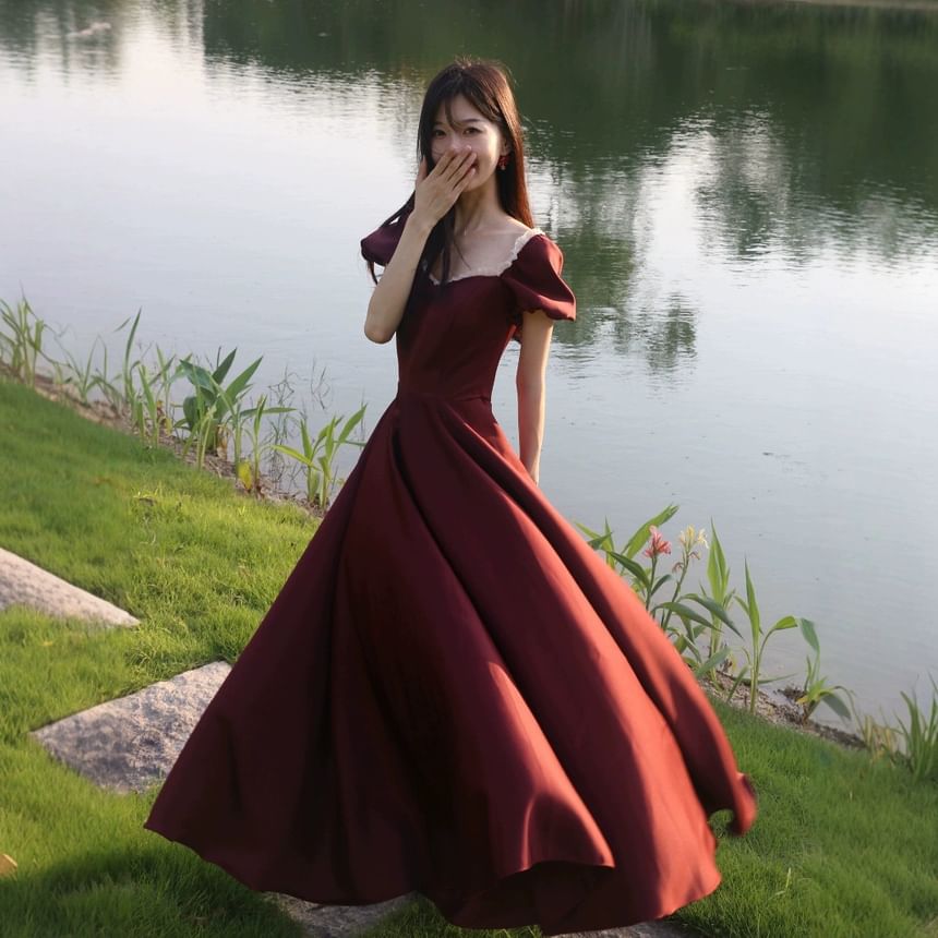 Puff Sleeve Sweetheart Neck Plain Velvet A-Line Evening Gown