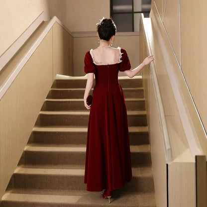 Puff Sleeve Sweetheart Neck Plain Velvet A-Line Evening Gown