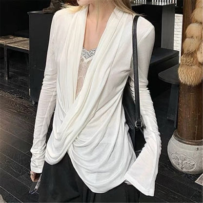 Draped Lace Top - V-Neck Mock Two Piece Long Sleeve