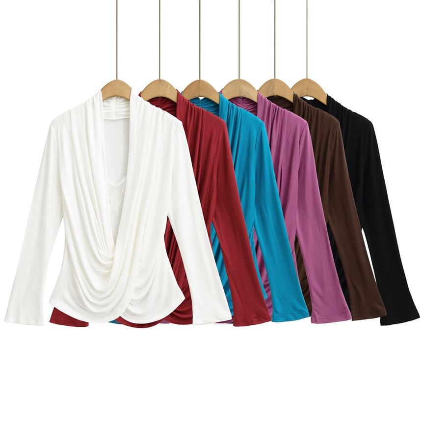 Draped Lace Top - V-Neck Mock Two Piece Long Sleeve