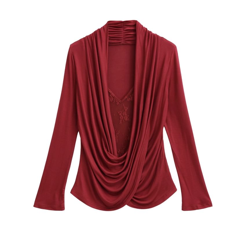 Draped Lace Top - V-Neck Mock Two Piece Long Sleeve