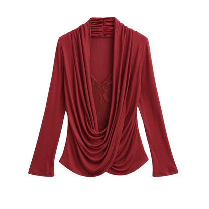 Draped Lace Top - V-Neck Mock Two Piece Long Sleeve