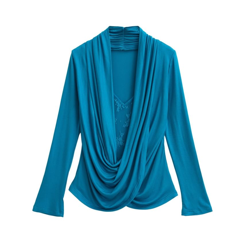 Draped Lace Top - V-Neck Mock Two Piece Long Sleeve