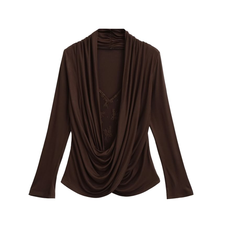 Draped Lace Top - V-Neck Mock Two Piece Long Sleeve
