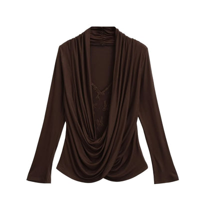 Draped Lace Top - V-Neck Mock Two Piece Long Sleeve