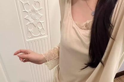 Lace Trim Tee and Pants Set - Long Sleeve