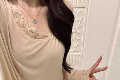Lace Trim Tee and Pants Set - Long Sleeve