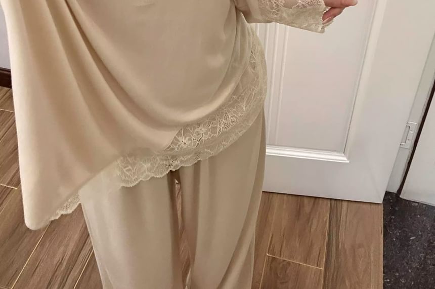 Lace Trim Tee and Pants Set - Long Sleeve