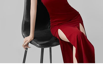 Plain Slit Midi Bodycon Dress with Spaghetti Straps