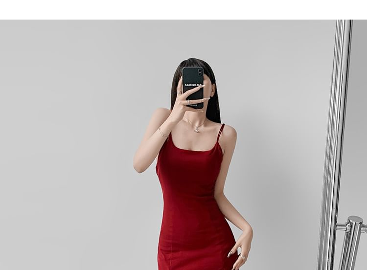 Plain Slit Midi Bodycon Dress with Spaghetti Straps