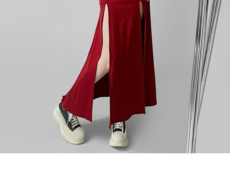 Plain Slit Midi Bodycon Dress with Spaghetti Straps
