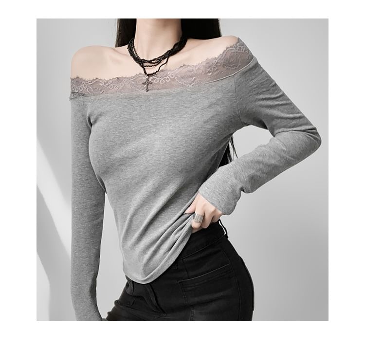 Off Shoulder Tee - Long Sleeve Lace Trim