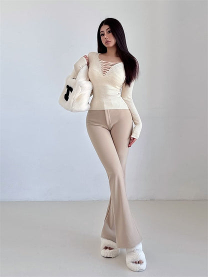 Ribbed Knit Lace-Up Long Sleeve Top