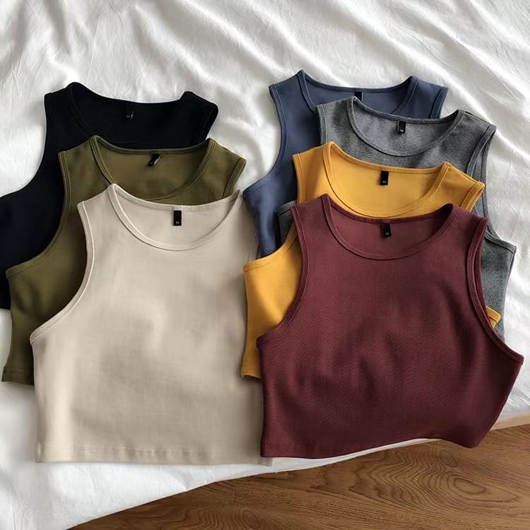 Crew Neck Plain Crop Tank Top