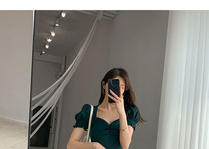 Puff Sleeve Sweetheart Neck Plain Slit Midi A-Line Dress