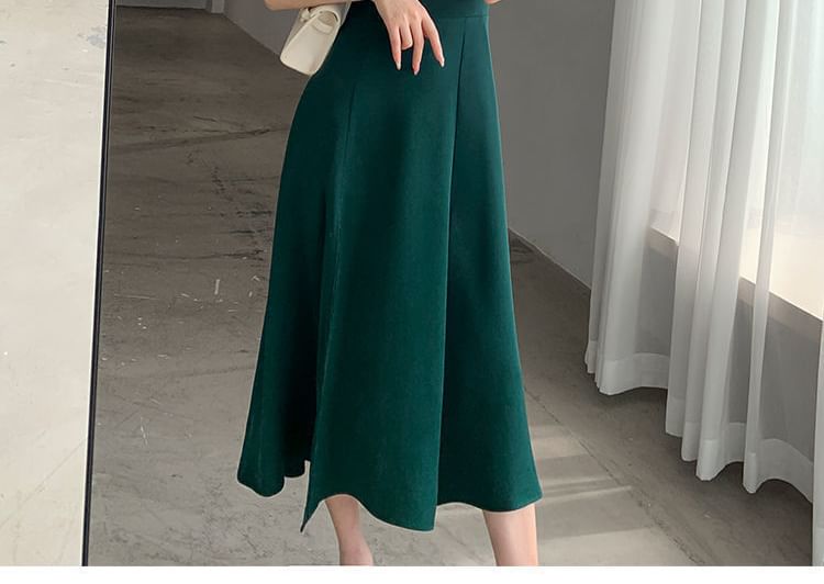 Puff Sleeve Sweetheart Neck Plain Slit Midi A-Line Dress