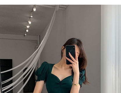 Puff Sleeve Sweetheart Neck Plain Slit Midi A-Line Dress