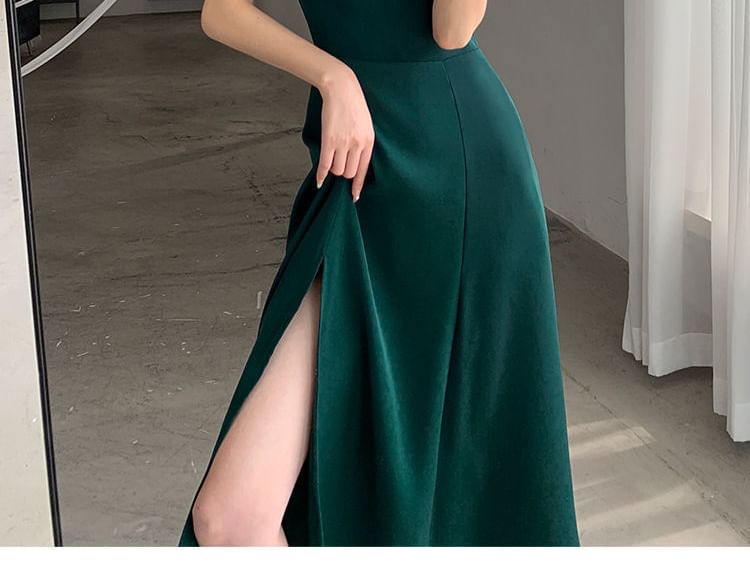 Puff Sleeve Sweetheart Neck Plain Slit Midi A-Line Dress