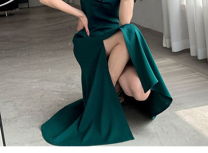 Puff Sleeve Sweetheart Neck Plain Slit Midi A-Line Dress