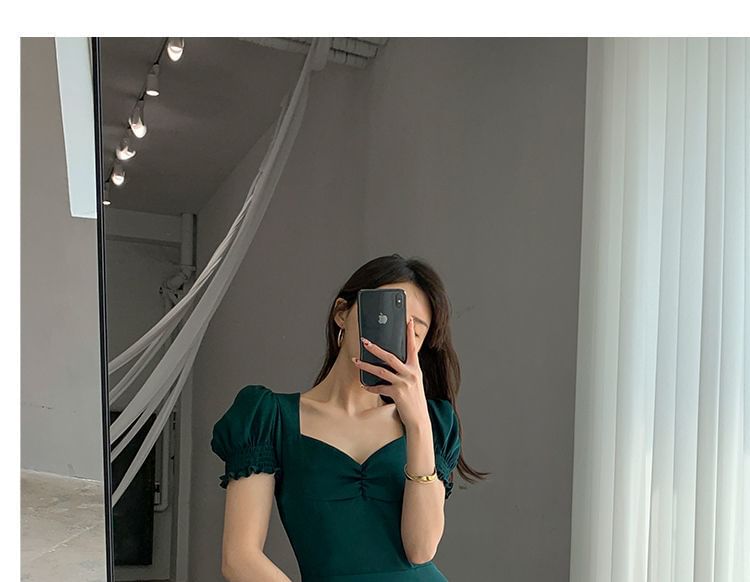 Puff Sleeve Sweetheart Neck Plain Slit Midi A-Line Dress