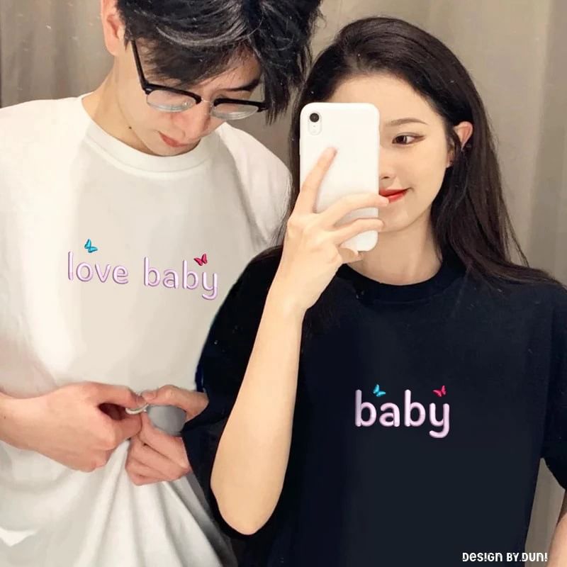 Couple Matching Short Sleeve Round Neck Lettering Print T-Shirt