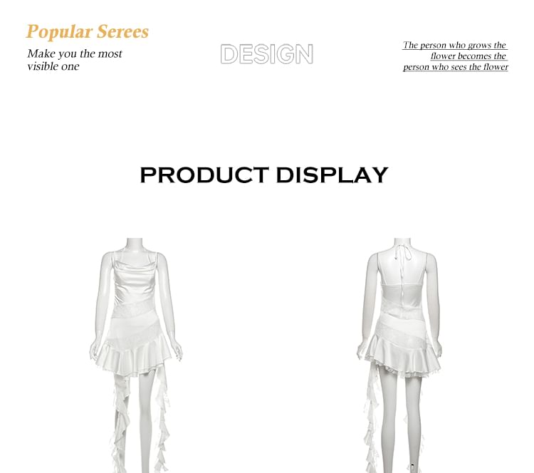 Cowl Neck Lace Panel Mini A-Line Dress with Spaghetti Straps