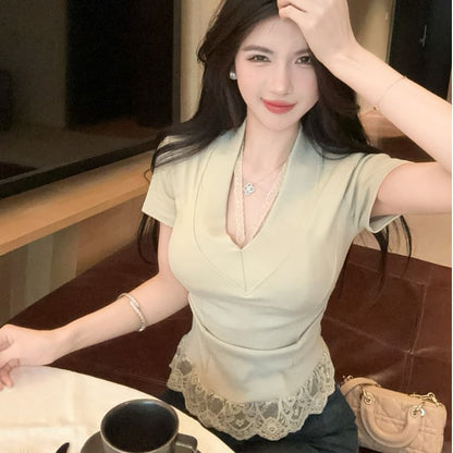 V-Neck Tee and Halter Set - Lace Trim Short Sleeve