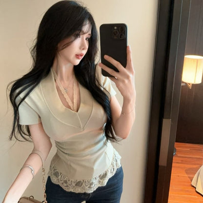 V-Neck Tee and Halter Set - Lace Trim Short Sleeve