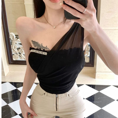 One Shoulder Tank - Lace Panel Plain