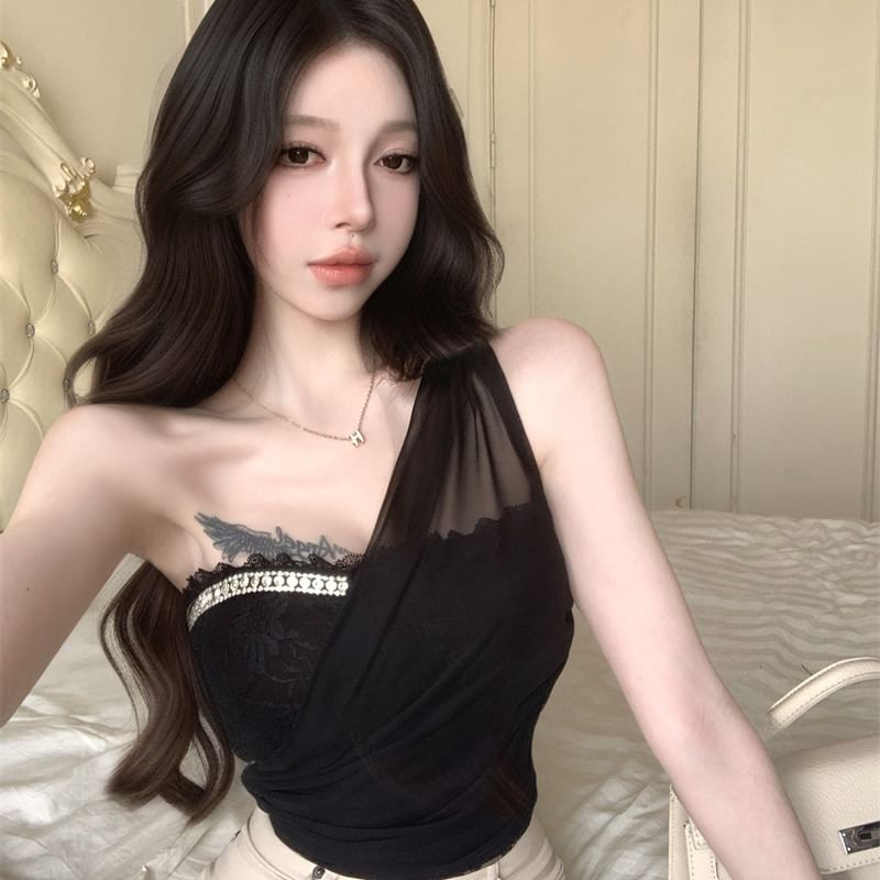 One Shoulder Tank - Lace Panel Plain
