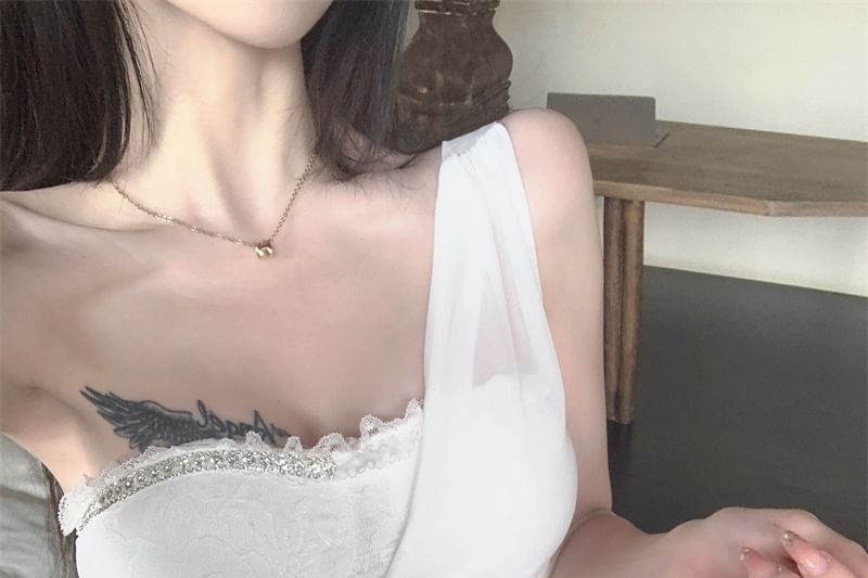 One Shoulder Tank - Lace Panel Plain