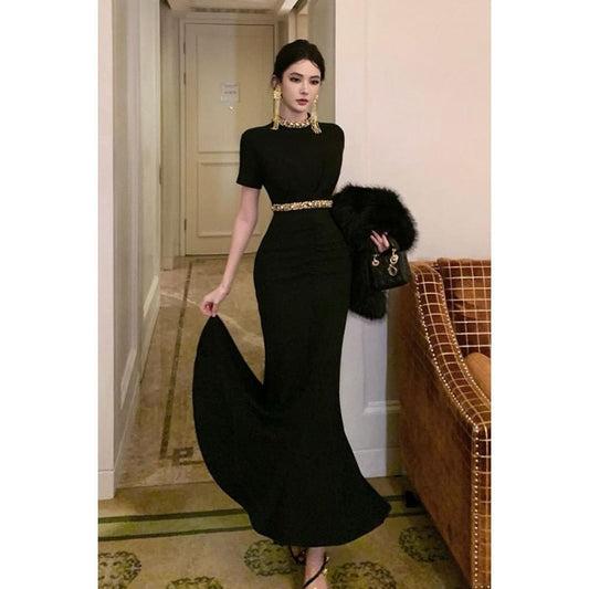 Short Sleeve Round Neck Plain Mermaid Evening Dress