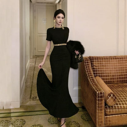 Short Sleeve Round Neck Plain Mermaid Evening Dress