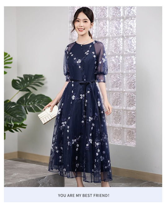 3/4-Sleeve Crew Neck Floral Embroidered Tie Waist Midi A-Line Cocktail Dress
