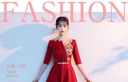 3/4-Sleeve Crew Neck Floral Embroidered Rhinestone Accent A-Line Evening Gown