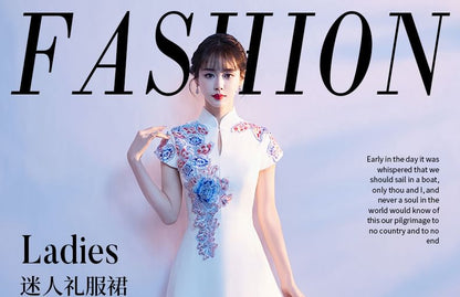 Gown Embroidered A-Line Short-Sleeve Stand Evening Floral Collar