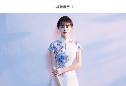 Gown Embroidered A-Line Short-Sleeve Stand Evening Floral Collar