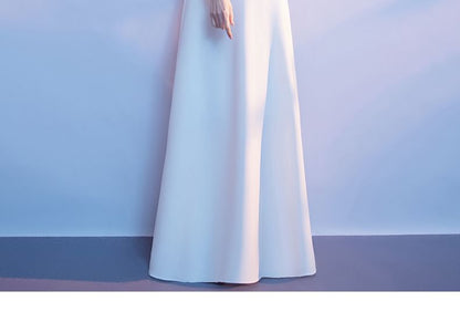 Short-Sleeve Stand Collar Floral Embroidered A-Line Evening Gown