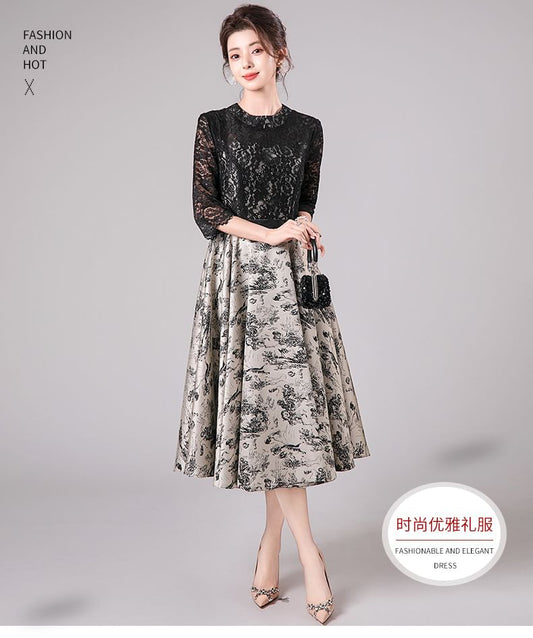 3/4-Sleeve Mock Neck Print Lace Panel Midi A-Line Cocktail Dress