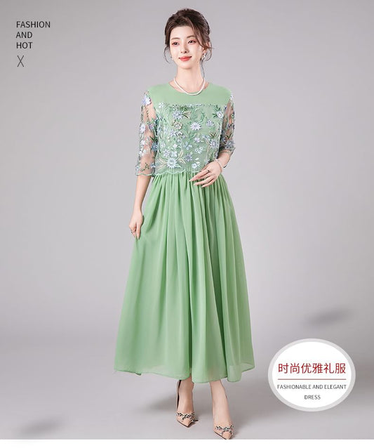 3/4-Sleeve Crew Neck Floral Embroidered Mesh Panel A-Line Evening Dress