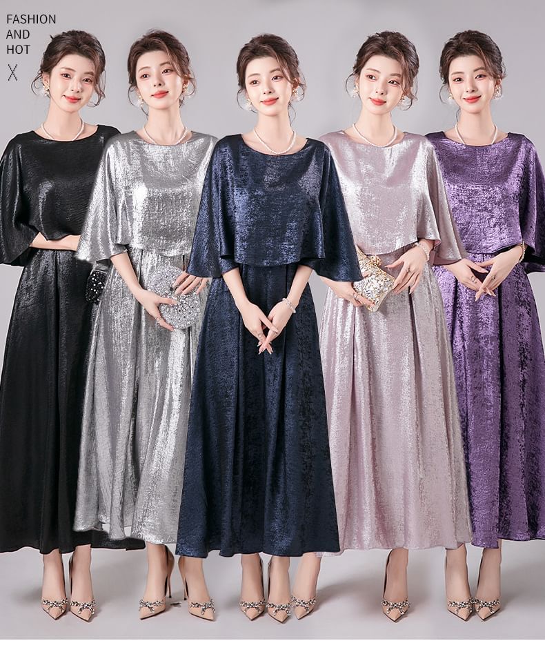 3/4-Sleeve Crew Neck Metallic A-Line Evening Dress