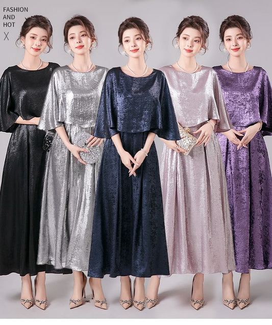 3/4-Sleeve Crew Neck Metallic A-Line Evening Dress