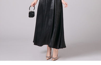 3/4-Sleeve Crew Neck Metallic A-Line Evening Dress