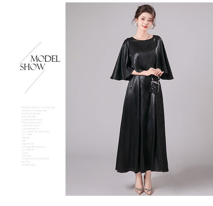 3/4-Sleeve Crew Neck Metallic A-Line Evening Dress