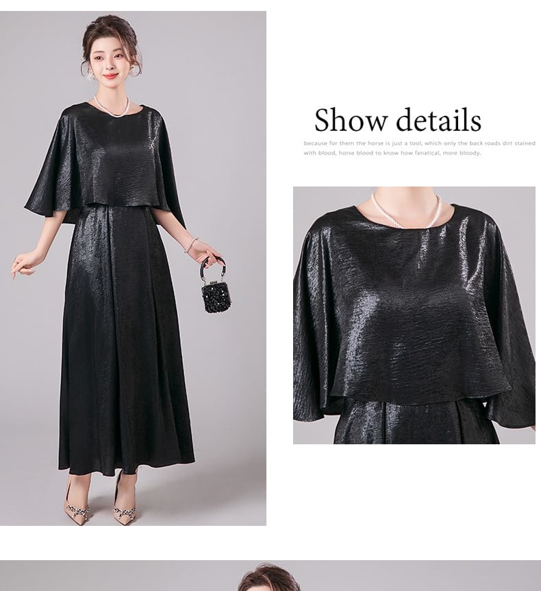 3/4-Sleeve Crew Neck Metallic A-Line Evening Dress