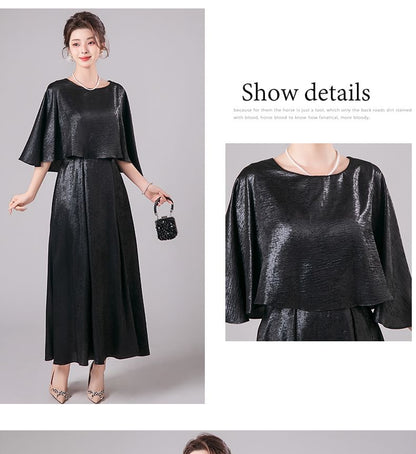 3/4-Sleeve Crew Neck Metallic A-Line Evening Dress