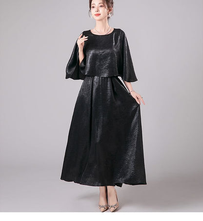 3/4-Sleeve Crew Neck Metallic A-Line Evening Dress