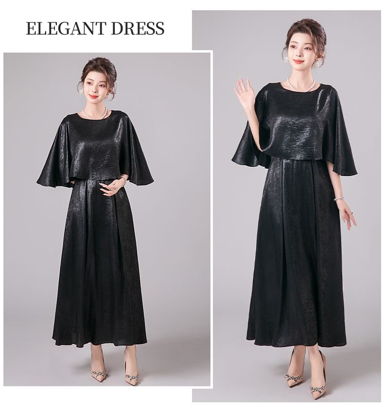 3/4-Sleeve Crew Neck Metallic A-Line Evening Dress
