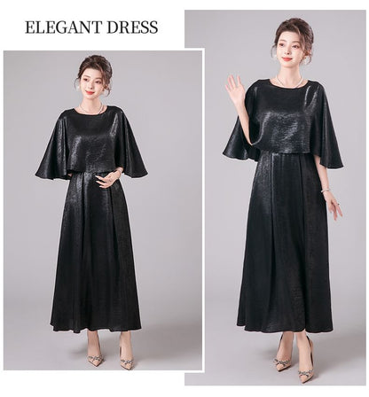 3/4-Sleeve Crew Neck Metallic A-Line Evening Dress